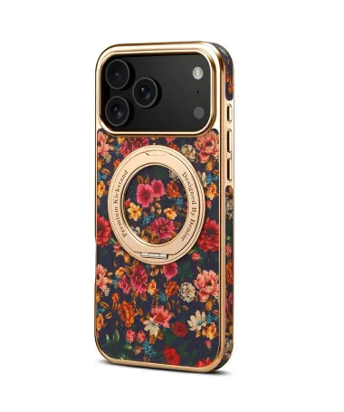 Coque iPhone 17 Pro "Fleurs Vintage" avec Anneau-Support Doré