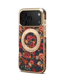 Coque iPhone 17 Pro "Fleurs Vintage" avec Anneau-Support Doré