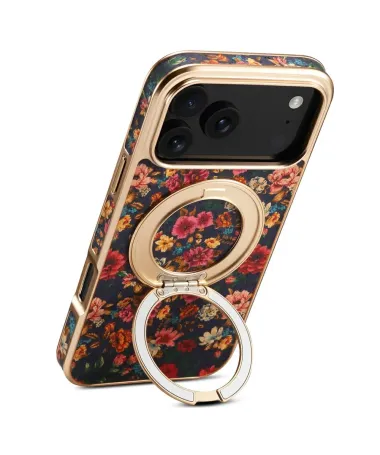 Coque iPhone 17 Pro "Fleurs Vintage" avec Anneau-Support Doré