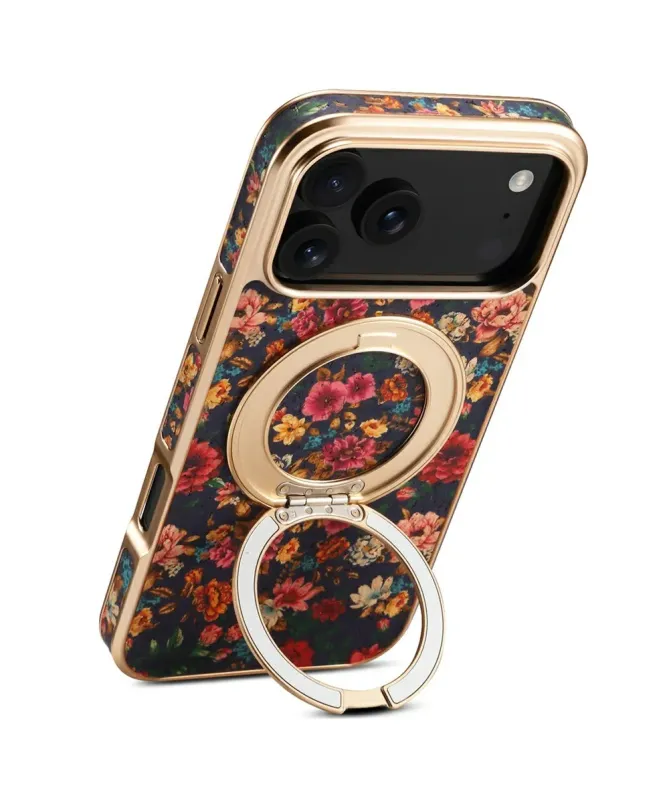 Coque iPhone 17 Pro "Fleurs Vintage" avec Anneau-Support Doré