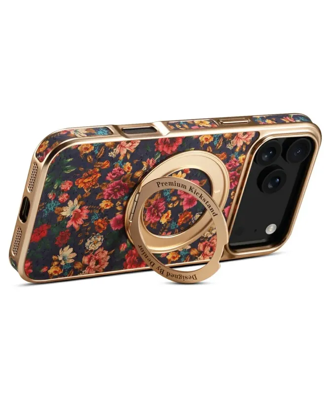 Coque iPhone 17 Pro "Fleurs Vintage" avec Anneau-Support Doré