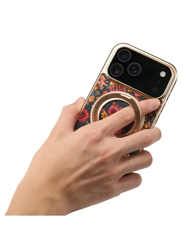 Coque iPhone 17 Pro "Fleurs Vintage" avec Anneau-Support Doré
