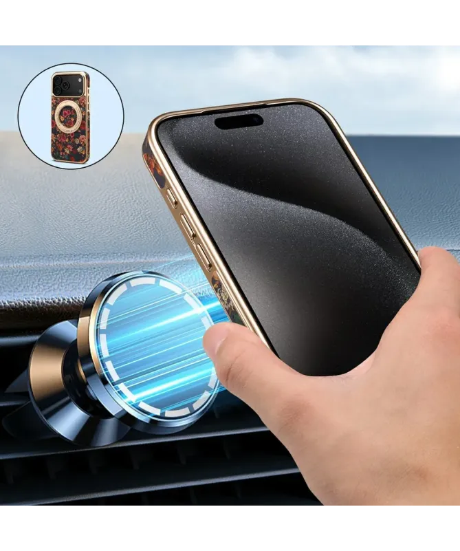 Coque iPhone 17 Pro "Fleurs Vintage" avec Anneau-Support Doré