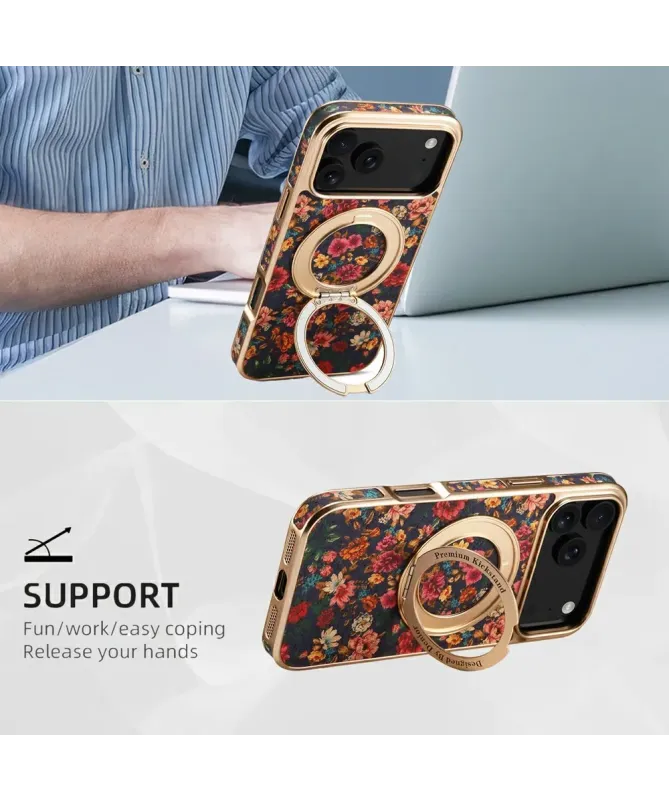 Coque iPhone 17 Pro "Fleurs Vintage" avec Anneau-Support Doré
