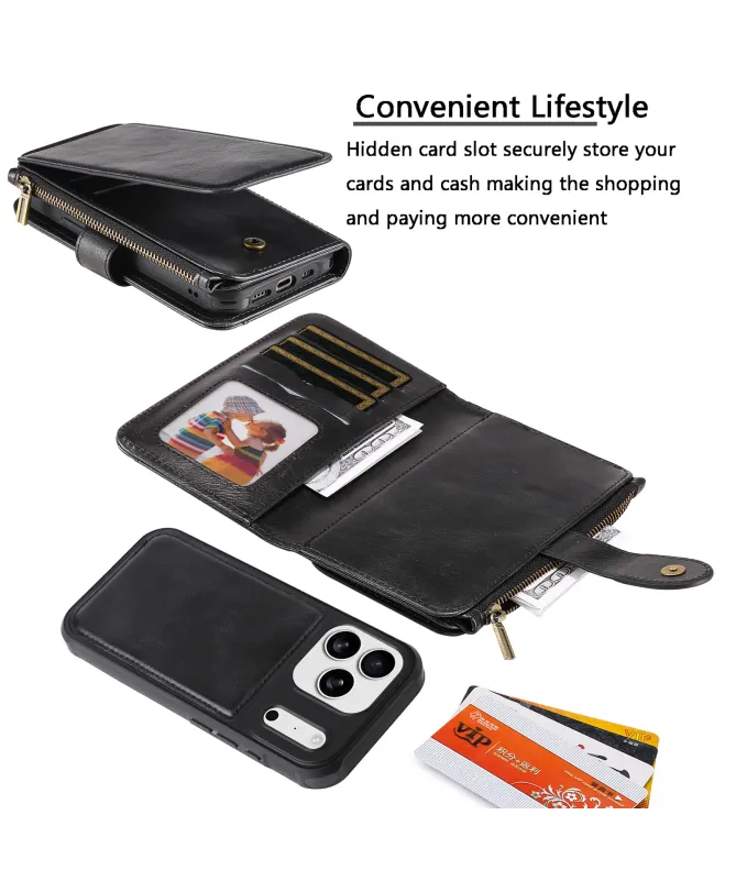Housse iPhone 17 Pro Portefeuille Zippé Détachable