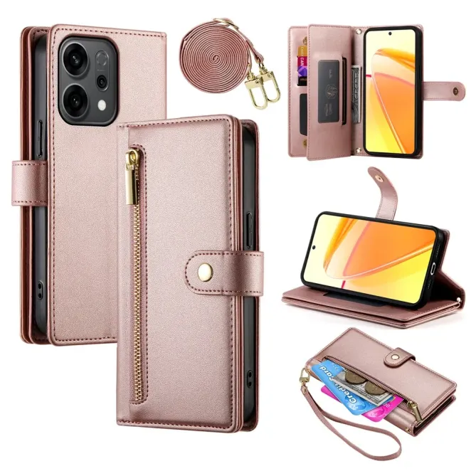 Housse Oppo Reno 14 5G Portefeuille avec Bandoulière et Zip