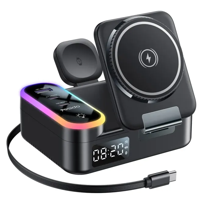 Station de Charge 8-en-1 65W MagSafe avec Horloge et Câble Rétractable