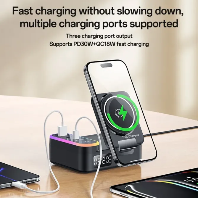 Station de Charge 8-en-1 65W MagSafe avec Horloge et Câble Rétractable