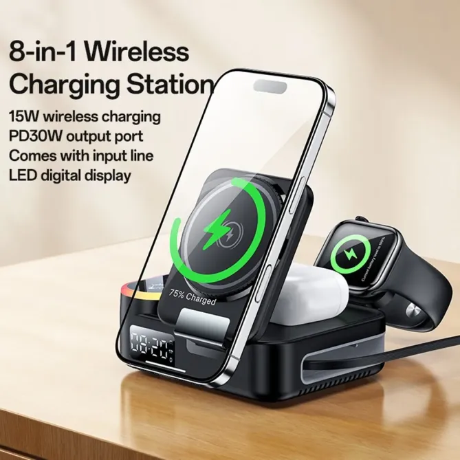 Station de Charge 8-en-1 65W MagSafe avec Horloge et Câble Rétractable