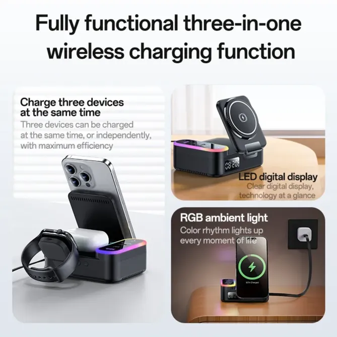 Station de Charge 8-en-1 65W MagSafe avec Horloge et Câble Rétractable