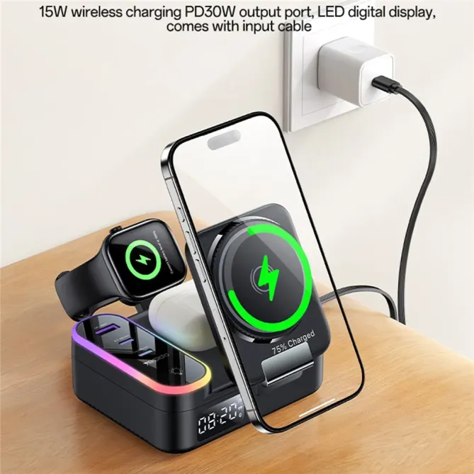 Station de Charge 8-en-1 65W MagSafe avec Horloge et Câble Rétractable
