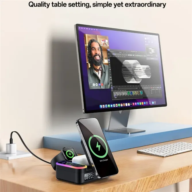 Station de Charge 8-en-1 65W MagSafe avec Horloge et Câble Rétractable