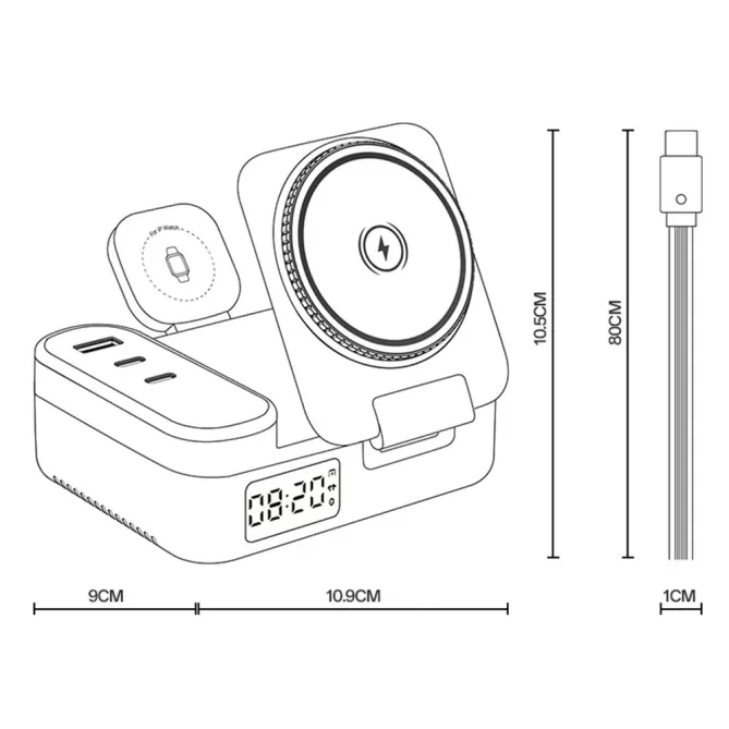 Station de Charge 8-en-1 65W MagSafe avec Horloge et Câble Rétractable