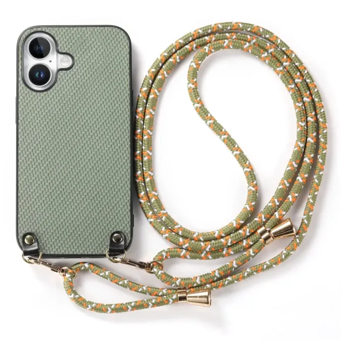 Coque Cordon iPhone 17 Texture Carbone avec Bandoulière Réglable
