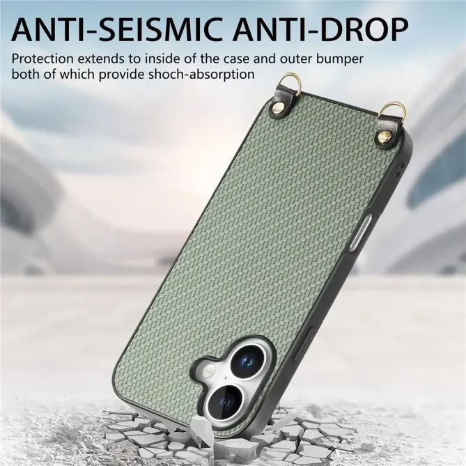 Coque Cordon iPhone 17 Texture Carbone avec Bandoulière Réglable