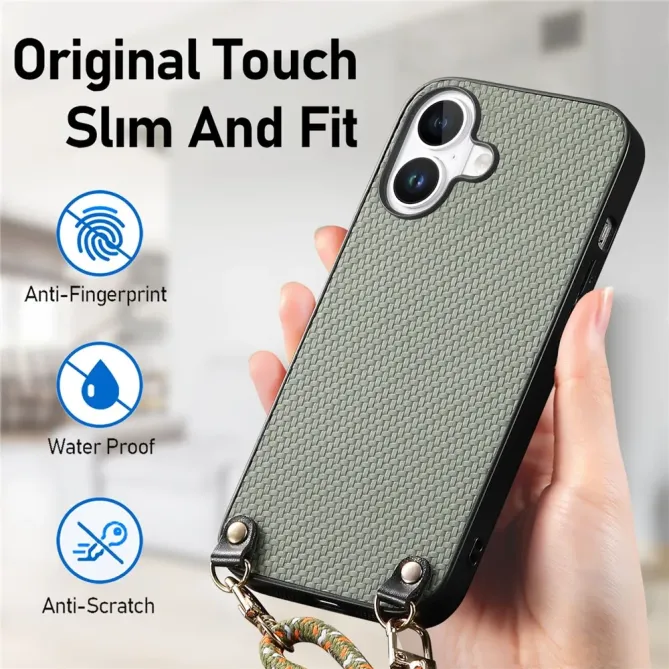 Coque Cordon iPhone 17 Texture Carbone avec Bandoulière Réglable