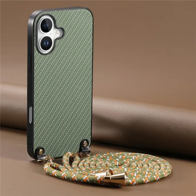 Coque Cordon iPhone 17 Texture Carbone avec Bandoulière Réglable