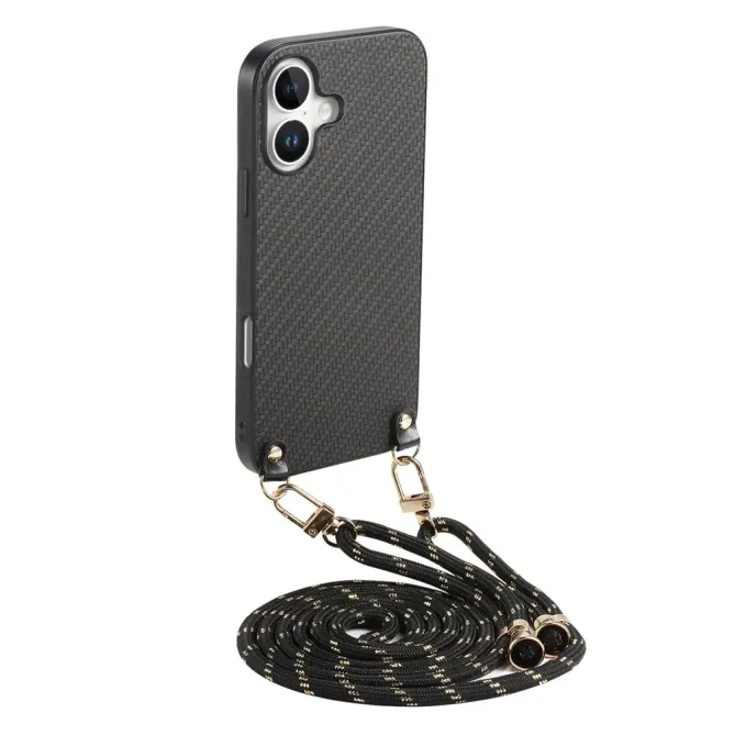 Coque Cordon iPhone 17 Texture Carbone avec Bandoulière Réglable
