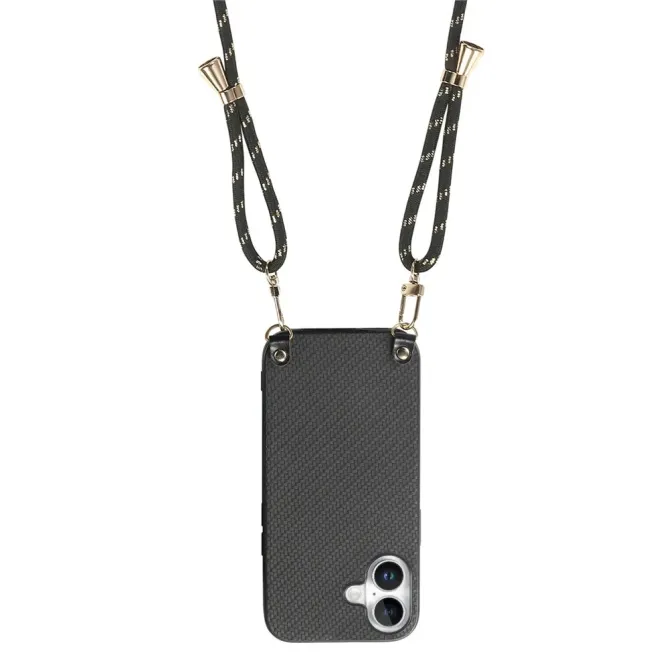 Coque Cordon iPhone 17 Texture Carbone avec Bandoulière Réglable