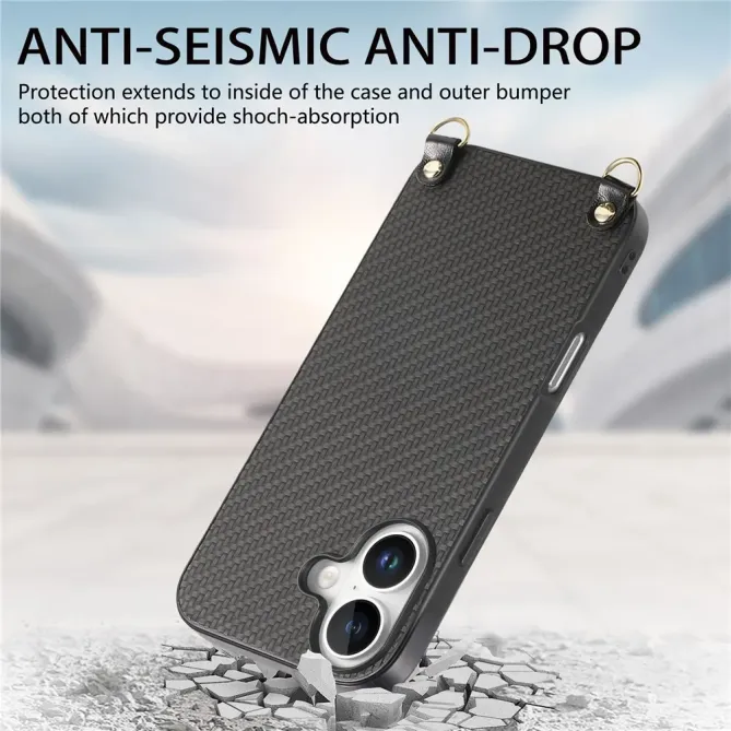 Coque Cordon iPhone 17 Texture Carbone avec Bandoulière Réglable