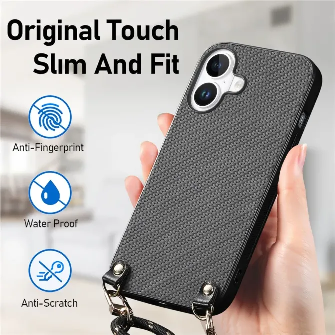 Coque Cordon iPhone 17 Texture Carbone avec Bandoulière Réglable