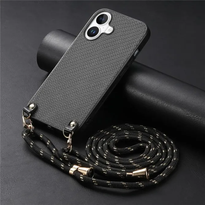 Coque Cordon iPhone 17 Texture Carbone avec Bandoulière Réglable