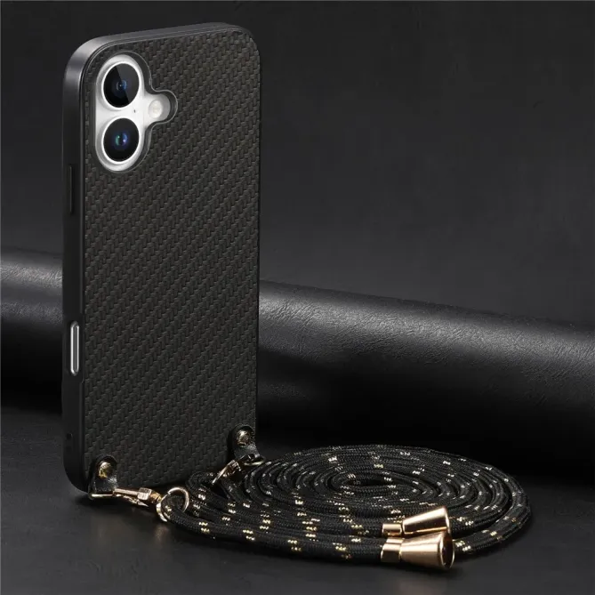 Coque Cordon iPhone 17 Texture Carbone avec Bandoulière Réglable