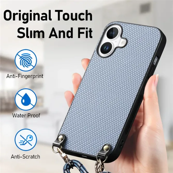 Coque Cordon iPhone 17 Texture Carbone avec Bandoulière Réglable