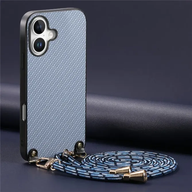 Coque Cordon iPhone 17 Texture Carbone avec Bandoulière Réglable