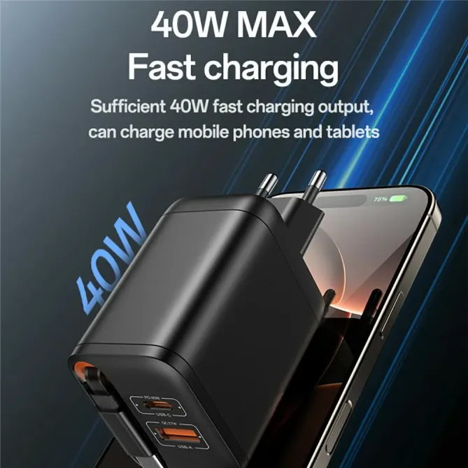 Chargeur rapide 40W GaN USB A & USB C + câble rétractable