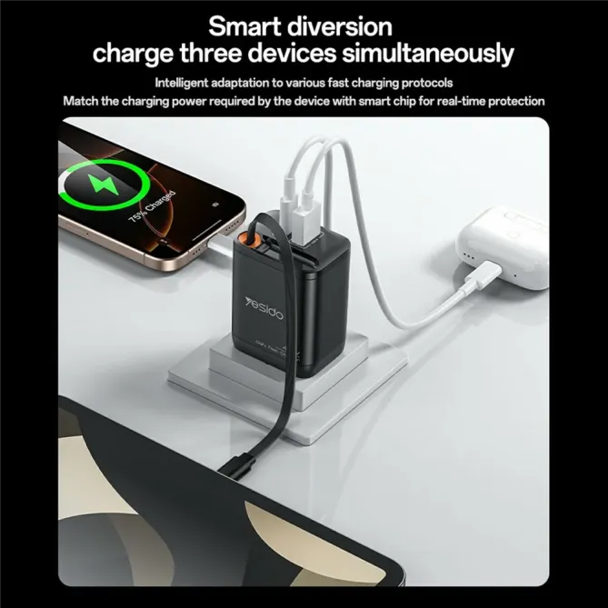 Chargeur rapide 40W GaN USB A & USB C + câble rétractable