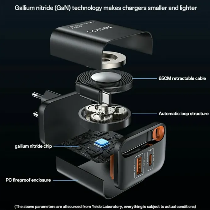 Chargeur rapide 40W GaN USB A & USB C + câble rétractable