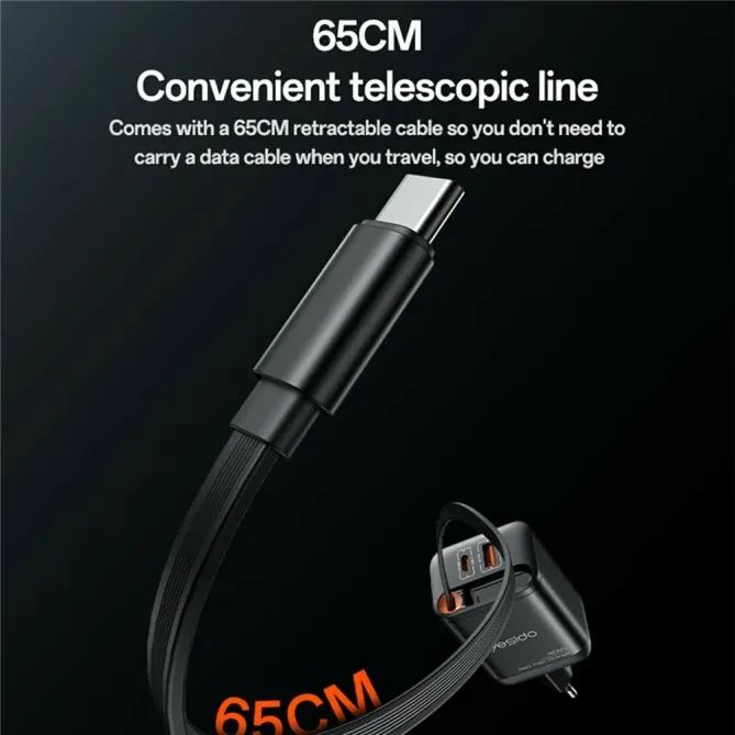 Chargeur rapide 40W GaN USB A & USB C + câble rétractable