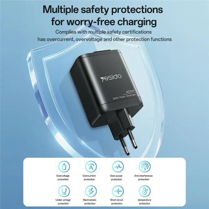 Chargeur rapide 40W GaN USB A & USB C + câble rétractable