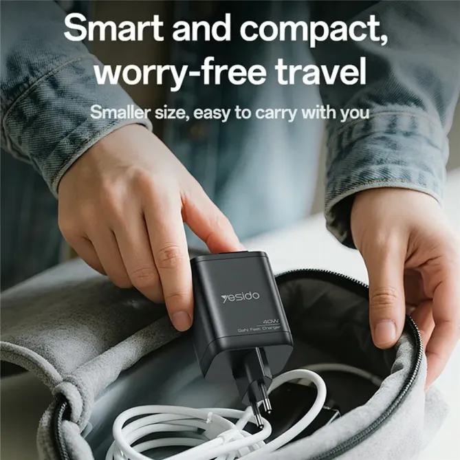 Chargeur rapide 40W GaN USB A & USB C + câble rétractable