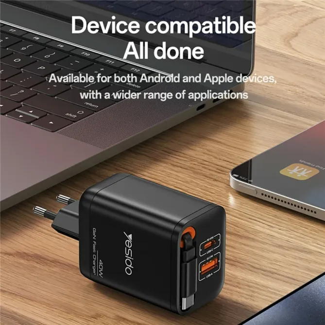 Chargeur rapide 40W GaN USB A & USB C + câble rétractable