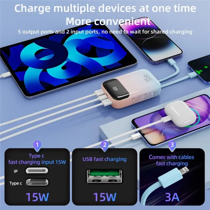 Batterie Externe K0090 20000mAh | Double Câble Intégré et Affichage Di