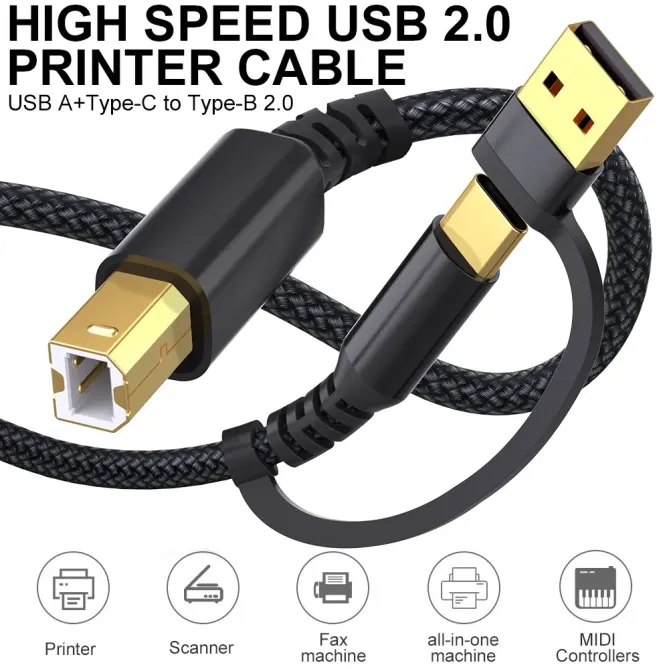 Câble Imprimante 2 en 1 USB/Type-C vers USB-B 2.0 Tressé 2m