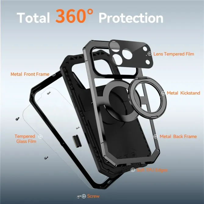 Coque iPhone 17 Pro Max R-JUST Métal MagSafe | Anneau et Verre Trempé