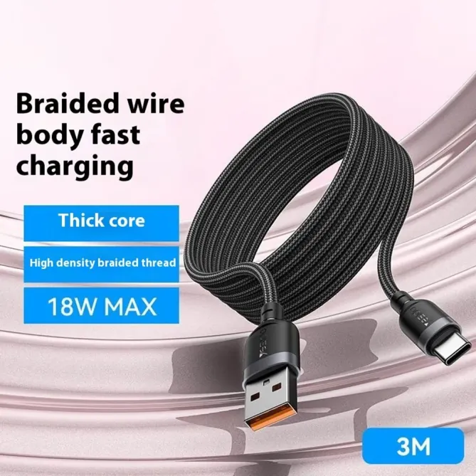 Câble USB-A / USB-C 3m tressé | 3A 18W