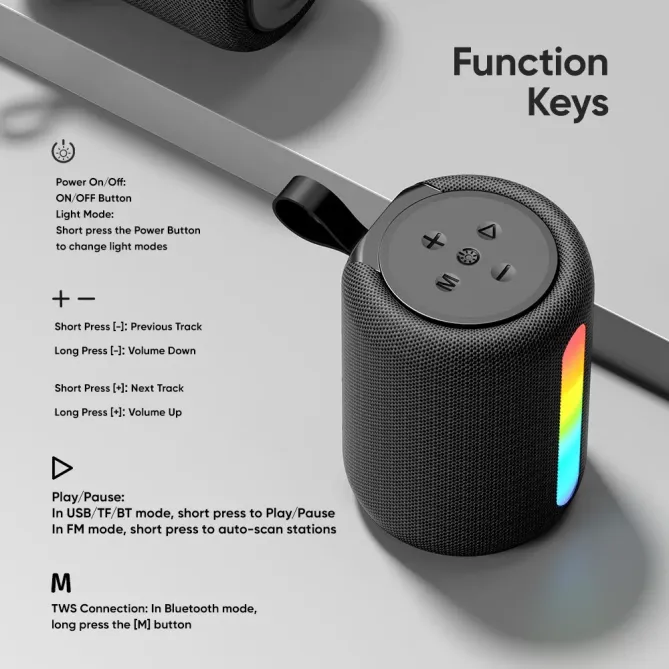 Enceinte BT tissu lumineuse | Son stéréo & multi-connexion