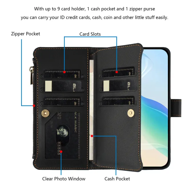Housse Motorola Edge 70 avec Lanière | 9 Cartes à Fermeture Zippée