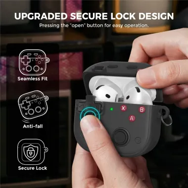 Coque Manette Rétro AirPods 4 Silicone + Mousqueton | PIXEL Noir - photo 8