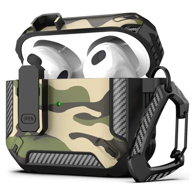 Coque AirPods 4 Camouflage Fibre Carbone avec Mousqueton