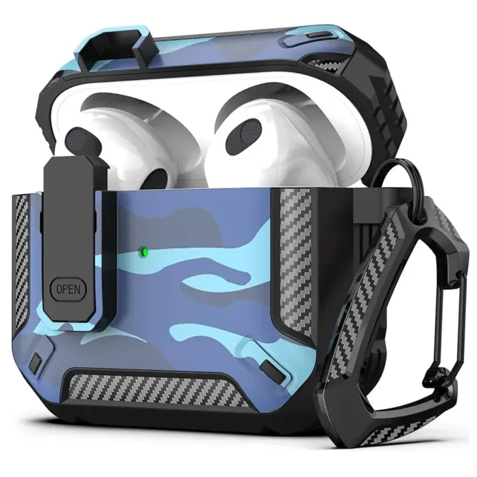 Coque AirPods 4 Camouflage Fibre Carbone avec Mousqueton