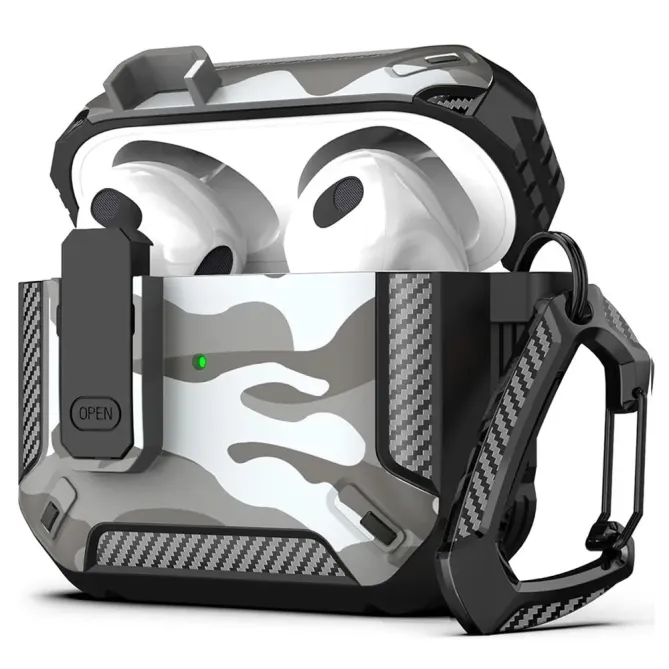 Coque AirPods 4 Camouflage Fibre Carbone avec Mousqueton