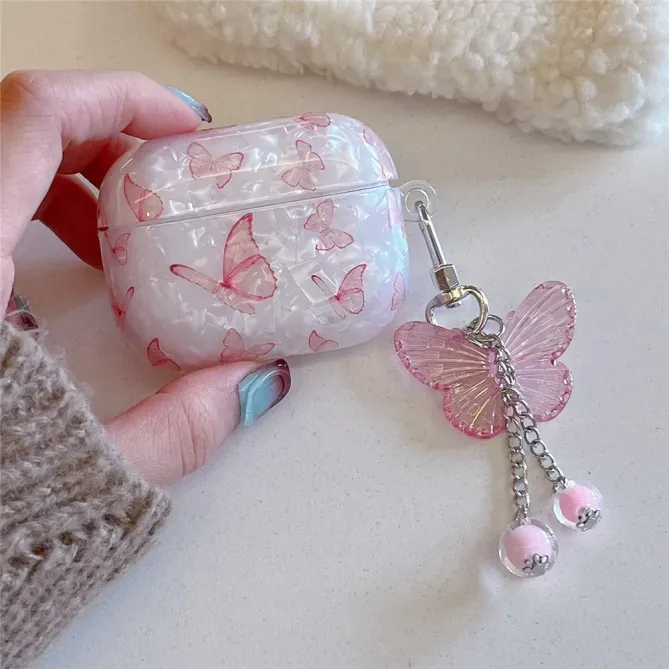Coque AirPods 4 Design Papillons Roses Effet Nacré avec Pendentif