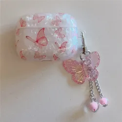 Coque AirPods 4 Design Papillons Roses Effet Nacré avec Pendentif