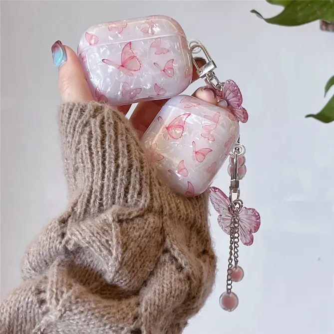Coque AirPods 4 Design Papillons Roses Effet Nacré avec Pendentif