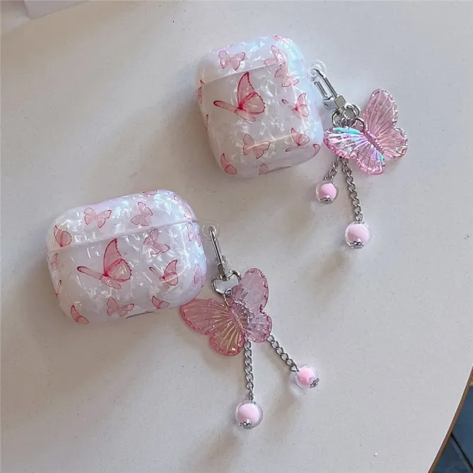 Coque AirPods 4 Design Papillons Roses Effet Nacré avec Pendentif